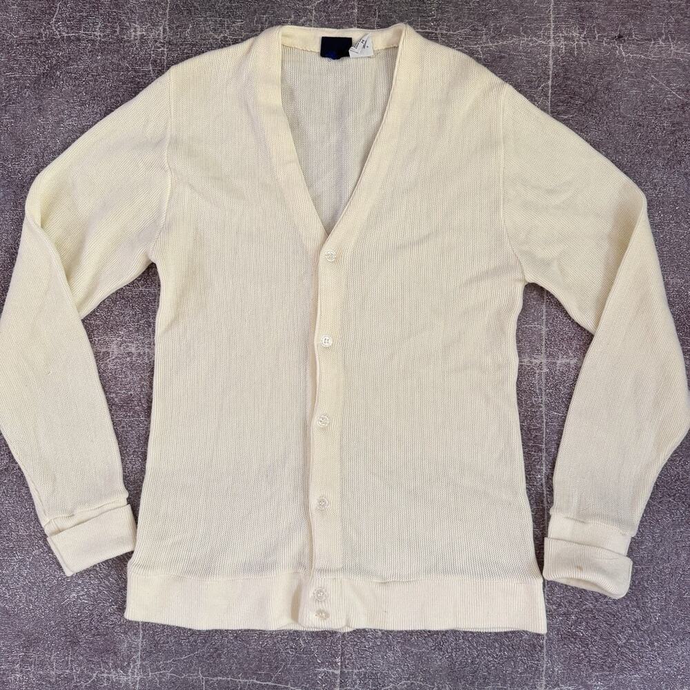 Men's Vintage 70's Vanderbilt Ivory White Blank Cardigan Grandpa Sweater Sz M